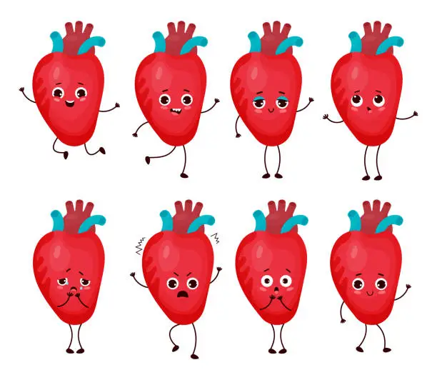 Vector illustration of Collection cartoon heart with different emotions. Cute human organ character. Vector illustration. Mascot in cartoon style isolated on white background.