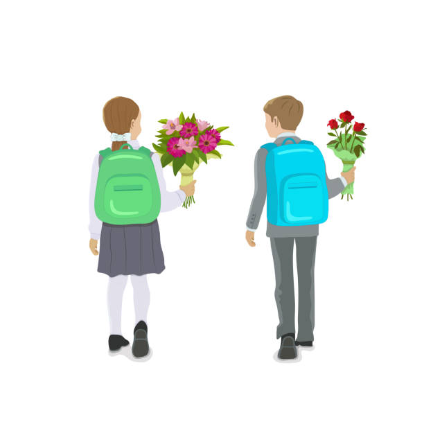 ein junge in einem grauen anzug mit einem rucksack und ein mädchen in einer weißen bluse und einem schwarzen rock und mit einem rucksack mit blumensträußen auf weißem, isoliertem hintergrund. erstklässler. vektor-illustration. - white background isolated on white isolated gladiolus stock-grafiken, -clipart, -cartoons und -symbole