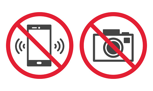No photos, no phones poster. Forbidden pictogram. Red stop circle symbol. No allowed sign. Prohibited zone. Vector illustration isolated on white background