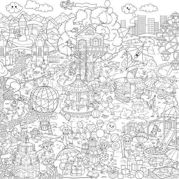 Vector illustration of Black and white contour children's square large coloring poster. Ready file for printing. A children's holiday and a festival in nature.