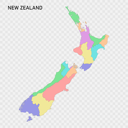 Isolated colored map of New Zealand with borders of the regions