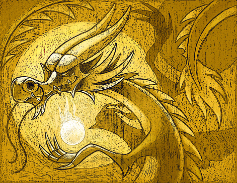 digital painting / raster illustration of dragon holding flaming ball