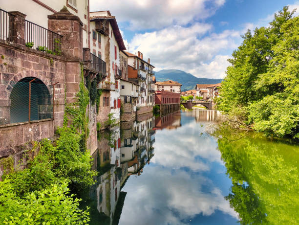 Baztan river and Elizondo village, Baztan valley, Navarre, Spain, Europe