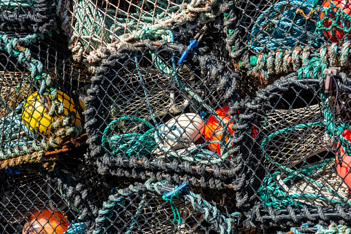 Stacked crab and lobster pots in closeup