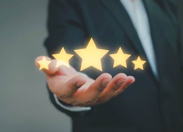 istock Customer evaluation feedback. men in suit Giving Positive Review for Client's Satisfaction Surveys. giving a five star rating. Service rating, satisfaction concept. 1491977930