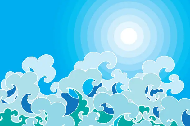 Vector illustration of Illustration, Abstract wave with sun on blue sky background.