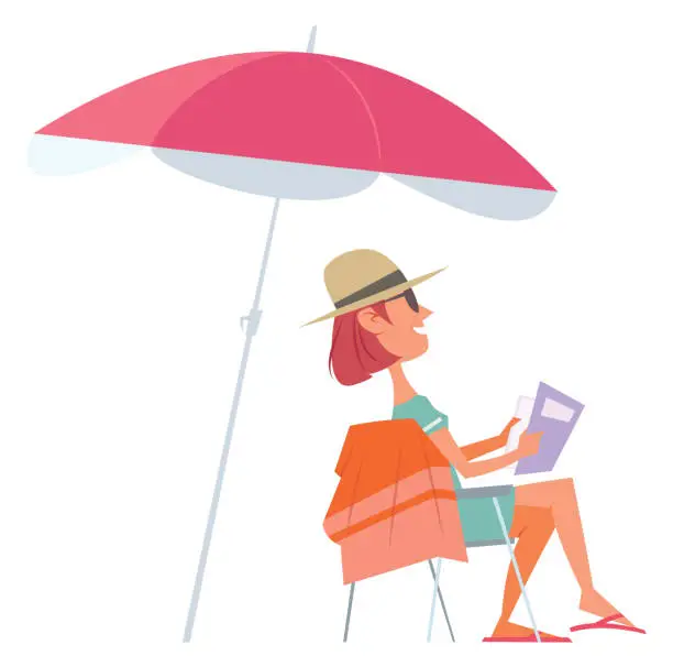 Vector illustration of Woman reading book in deck chair under sun umbrella near sea