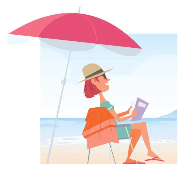 Vector illustration of Woman sitting in deck chair at beach reading book on sunny day