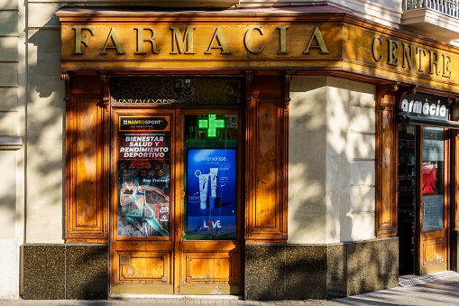 Barcelona, Spain-April 29, 2023. Old pharmacy in Barcelona, Spain. Modernist building