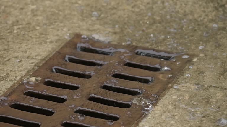 Water flowing rain sewer in slow motion