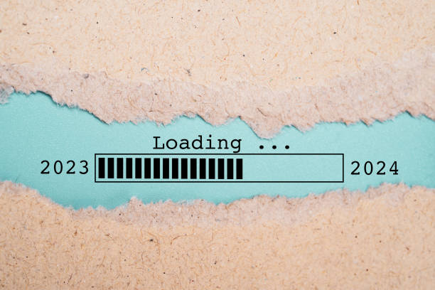 Loading 2023 to 2024 infographic technology inside of torn paper for countdown and start preparation merry Christmas and happy new year concept.