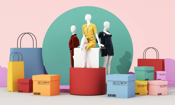 店の前でのオンラインショッピングのコンセプトとプロモーション割引ディスプレイ 婦人服とファッション 多色のパステル背景にマネキンとショッピングバッグに囲まれています。3dレンダ - artists figure ストックフォトと画像