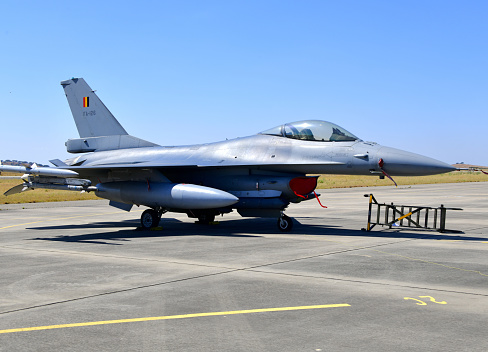 Beja, Portugal: starboard view of a parked General Dynamics F-16A Fighting Falcon of the Begian Air Force, or more precisely the 'Belgian Air Component' (Dutch: Luchtcomponent, French: Composante air) - Beja Airport serves both civil and military aviation.
