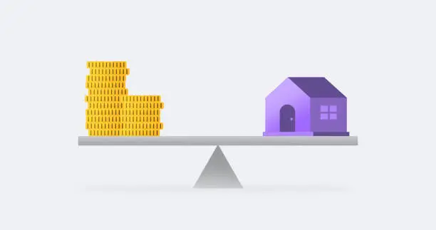 Vector illustration of stack of coins and house on a balance scale for real estate investing concept