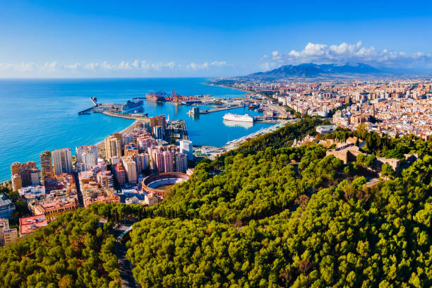 malaga city aerial panoramic view in andalusia, spain - porto built structure commercial dock port wine imagens e fotografias de stock