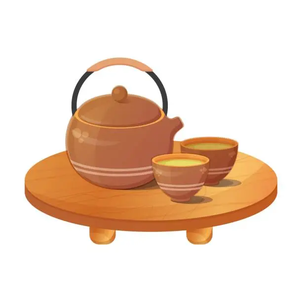Vector illustration of Japanese teapot with cups on table. Asian tea ceremony. Asian food. Vector illustration isolated on white background.