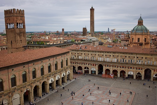 Piazza Maggiore in Bologna photographed from above.
