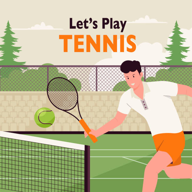ilustraciones, imágenes clip art, dibujos animados e iconos de stock de permite jugar al concepto de fondo de ilustración de tenis - let deporte de raqueta