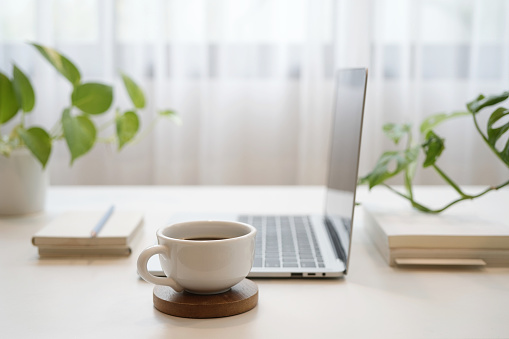 Coffee and laptop and notebooks and plants on wooden table in front of window