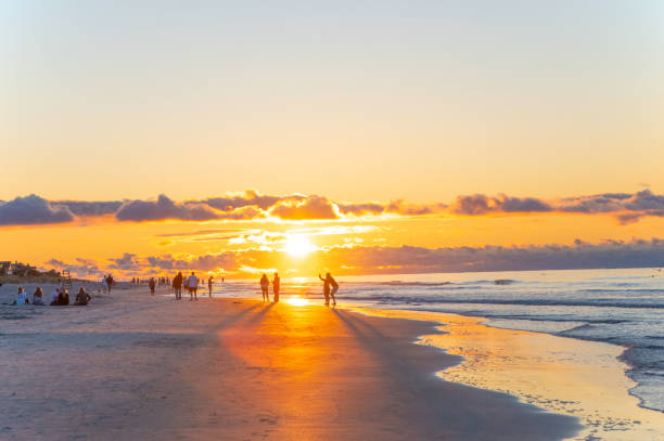 Beach Sunrise with large group of people-Hilton Head, South Carolina stock photo
