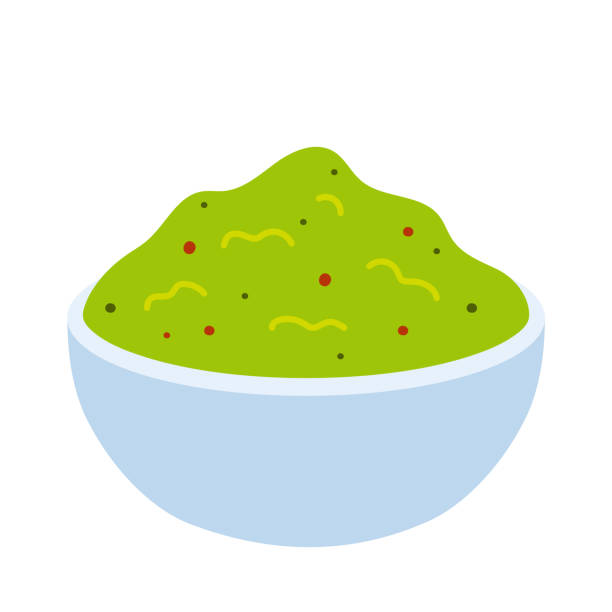 guacamole. schüssel mit mexikanischer avocado und gewürzsauce. handgezeichnete farbige flache vektorillustration isoliert auf weißem hintergrund. - guacamole bowl mexican culture drawing stock-grafiken, -clipart, -cartoons und -symbole