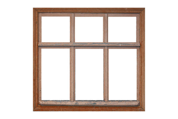 istock Old big brown wooden window frame with six sashes isolated on white background. 1492009414