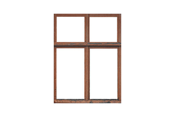 istock Old brown wooden window frame with four sashes isolated on white background. 1492009415