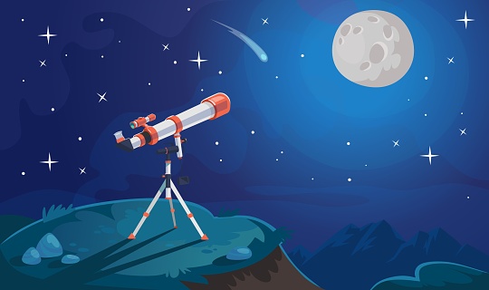 Modern telescope on a tripod directed at stars in the sky for space exploration. Observation of craters on the moon, comet, milky way, stars and far planets. Cartoon style vector illustration.
