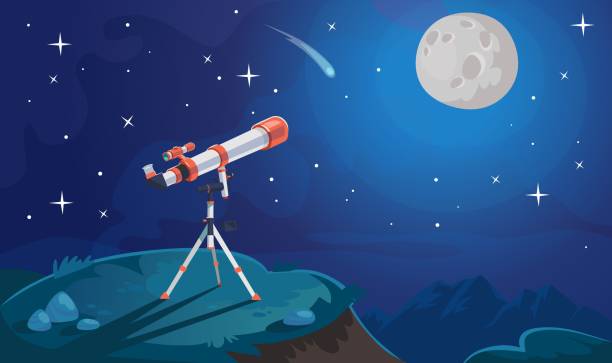 Modern telescope on a tripod directed at stars in the sky for space exploration Modern telescope on a tripod directed at stars in the sky for space exploration. Observation of craters on the moon, comet, milky way, stars and far planets. Cartoon style vector illustration. starry sky telescope stock illustrations