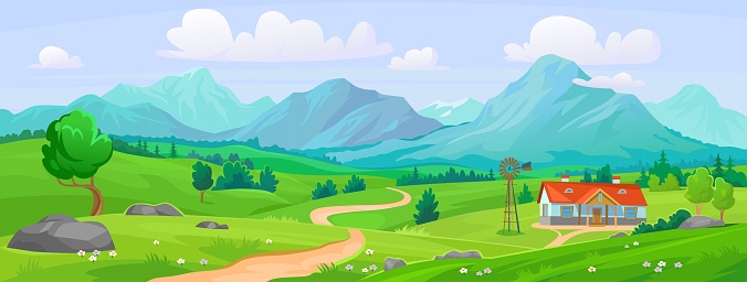 Beautiful landscape view of a green mountain valley in summer. Green fields and meadows, a road and a house with a windmill. Blue sky over rocky mountains. Cartoon style vector background.