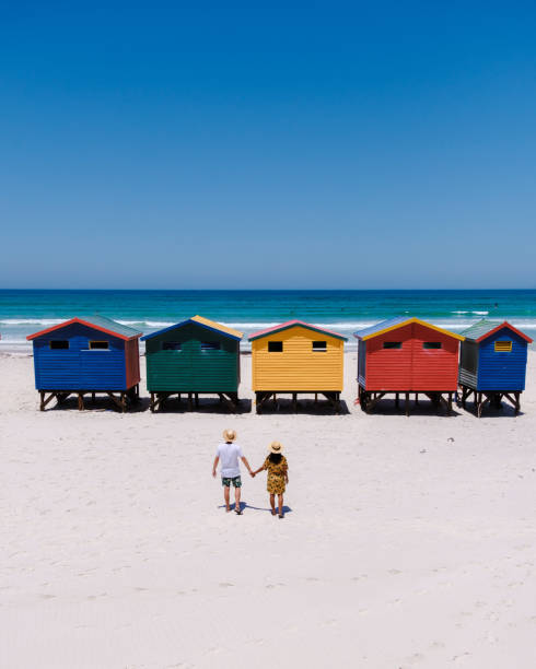 비치 하우스 앳 무이젠버그 케이프타운, 비치 헛, 무이젠버그, 케이프타운, 폴스 베이, 남아프리카 공화국 - cape town beach hut multi colored 뉴스 사진 이미지