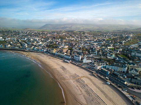 aerial view of Peel Beach and town of Peel, Isle of Man