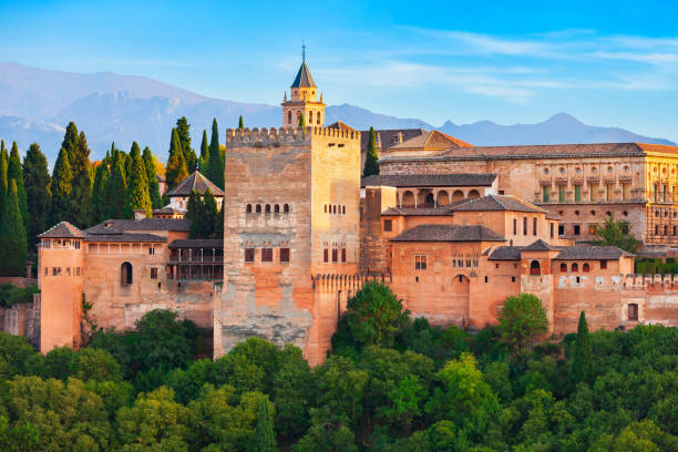The Alhambra aerial panoramic view in Granada, Spain The Alhambra aerial panoramic view. The Alhambra is a fortress complex located in Granada city, Andalusia region in Spain. alcazaba of málaga stock pictures, royalty-free photos & images