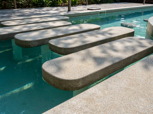 istock Empty terrazzo pathway steps with leaves shade lying, across the clean and clear water swimming pool at the resort on sunny day. walk way exterior on summer background. 1492022254