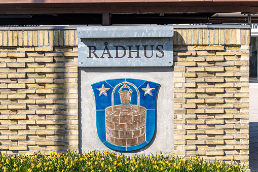 Copenhagen, Denmark April 20, 2023 A sign ofr the City Hall in Danish at the Brondby municipal building  in the   Brondby suburb.