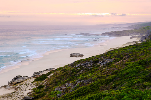 Sunset at De Hoop Nature Reserve South Africa Western Cape, the most beautiful beach in South Africa with white dunes at the de hoop nature Reserve which is part of the garden route in South Africa