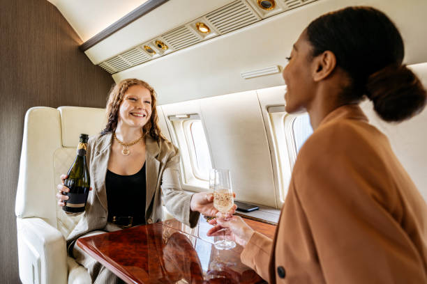istock Young women drinking champagne on private jet 1492025814