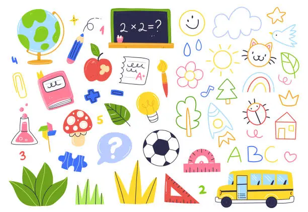 Vector illustration of A set of school elements. Collection of vector flat school objects. Globe, school bus, blackboard, flask, ruler, soccer ball.