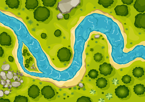 Top view river landscape. Summer beautiful valley, scenic picturesque natural stream. River with trees on shore. Landscape with winding river. Vector illustration.
