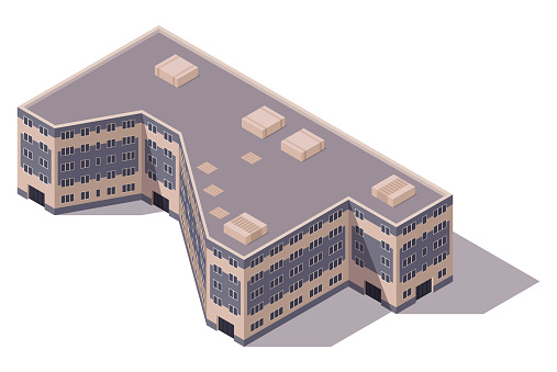 Vector isometric high rise building. City or town map construction element. Icon representing multi story building. Houses, homes or offices.