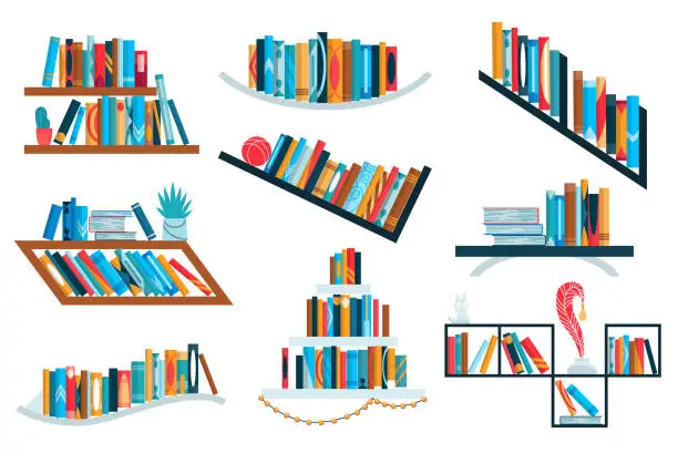 Vector illustration of Bookshelves collection with colorful books. Back to school and education study wall concept. Library interior element. Flat reading books illustration