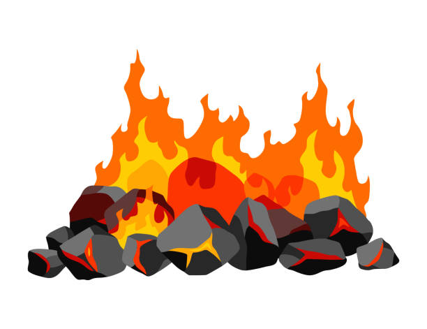 kohle verbrennen. realistisches helles flammenfeuer auf kohlehaufen. nahaufnahme vektorillustration für grillflammenkamin, heißes kohle- oder glühendes kohlebild - campfire coal burning flame stock-grafiken, -clipart, -cartoons und -symbole