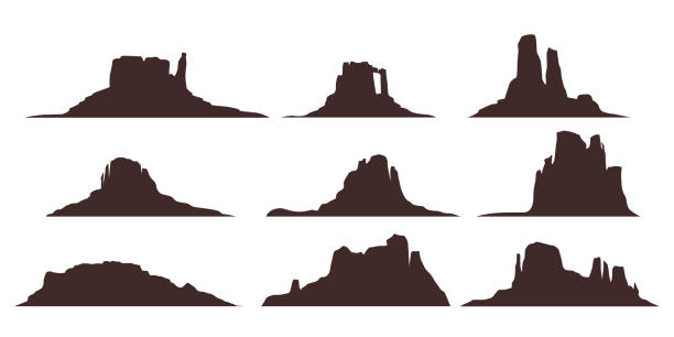 ilustrações, clipart, desenhos animados e ícones de conjunto de moountains do deserto - silhouette landscape cliff mountain