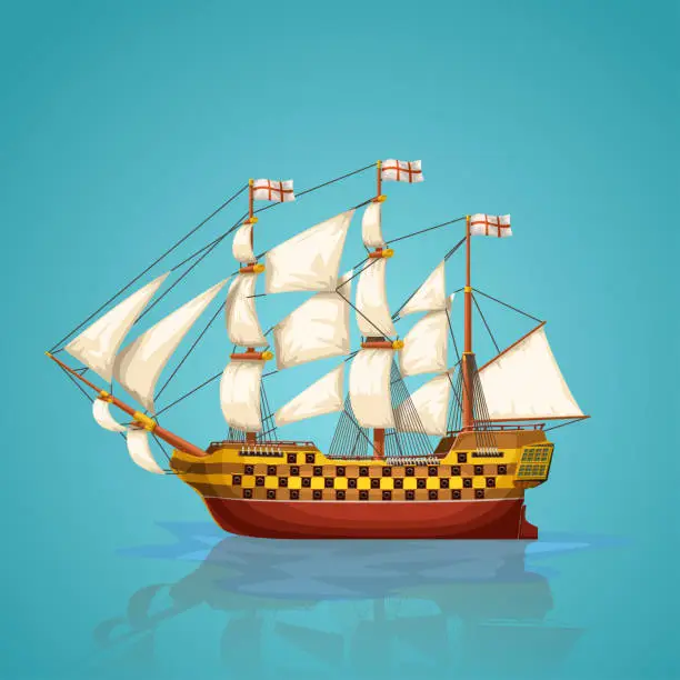 Vector illustration of old ship on blue