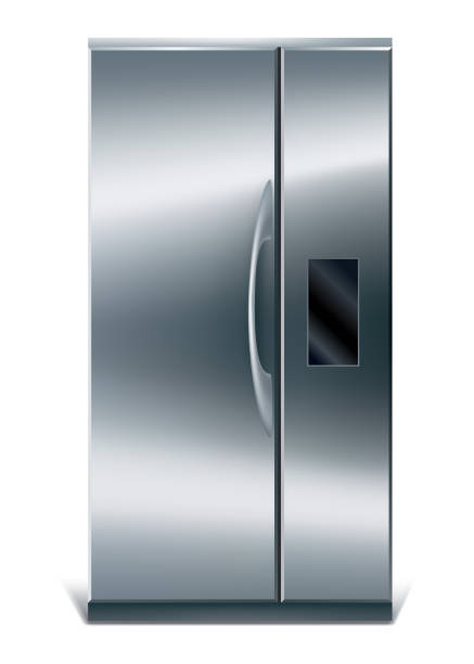 istock Gray vertical fridge for preserve food. Silver refrigerator with two doors. Modern cooler for home, products storage 1492028948