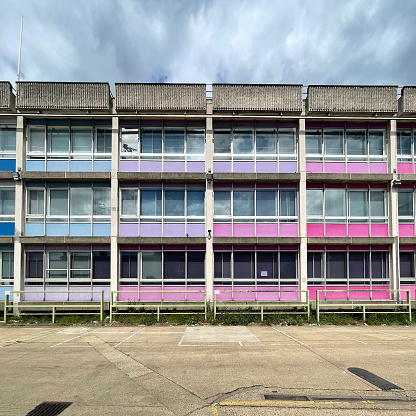 Multi coloured panels on an office block in an industrial estate