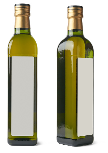 set of olive oil glass bottle with blank label isolated on white background, popular oil derived from olives, used around the world and mediterranean cuisine, mock-up template in different angles
