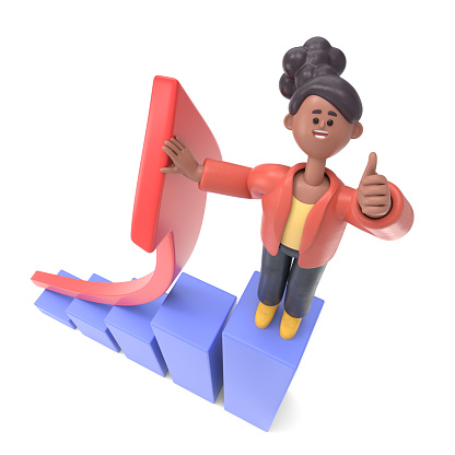 3D illustration of smiling african american woman Coco in the top of a bar graph. Growth metaphor.3D rendering on white background.