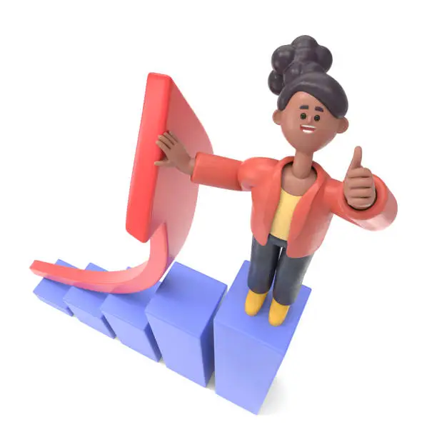 Photo of 3D illustration of smiling african american woman Coco in the top of a bar graph. Growth metaphor.3D rendering on white background.