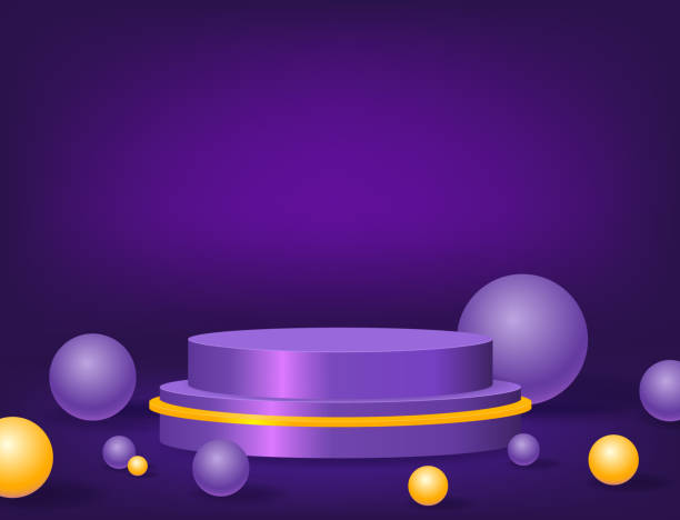 istock Abstract room with purple, orange pedestal podium and balls 1492029433